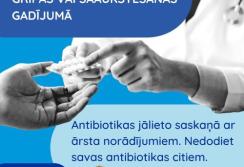 Attēlā redzams aicinājums nelietot antibiotikas gripas vai saaukstēšanās gadījumā, tikai ārsta uzraudzībā